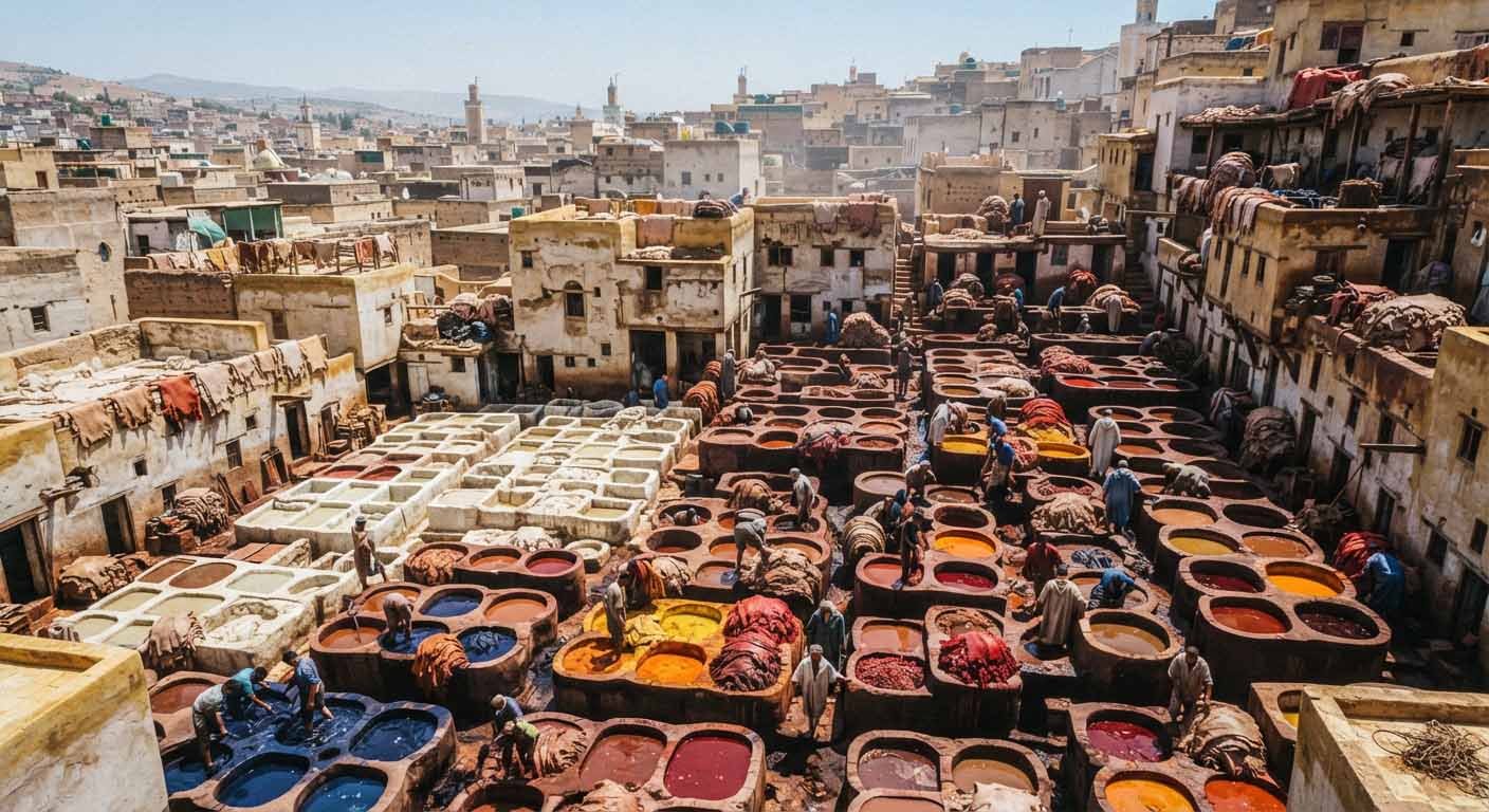 Mon itinéraire de 7 jours entre Rabat, Fès et Chefchaouen 3 Les cuves de teintures colorées traditionnelles de la Tannerie Chouara à Fès el-Bali.