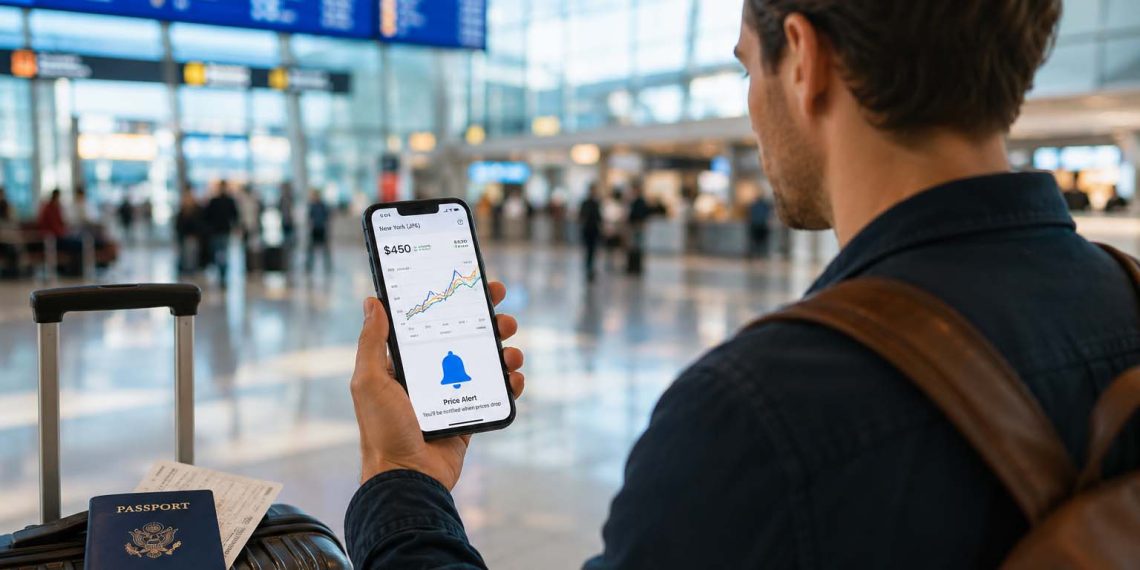 Les alertes de prix valent-elles vraiment le coup ? Mon test sur 6 mois 1 Un voyageur de dos analysant des alertes de prix de billets d'avion sur son smartphone au milieu d'un terminal d'aéroport moderne en 2026.