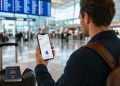 Un voyageur de dos analysant des alertes de prix de billets d'avion sur son smartphone au milieu d'un terminal d'aéroport moderne en 2026.