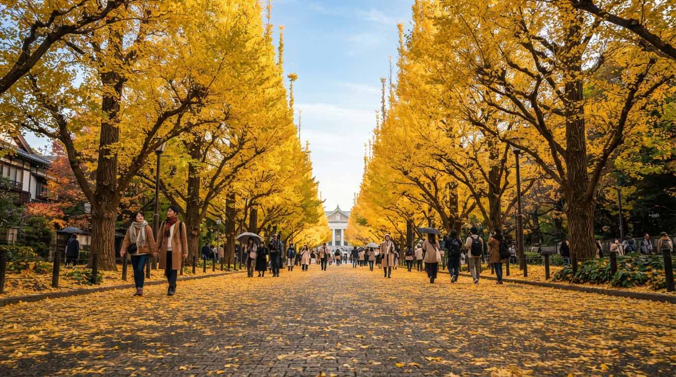 Le Japon en automne : pourquoi je repartirais à cette saison 2 Avenue Meiji Jingu Gaien à Tokyo bordée de ginkgos jaunes dorés en automne.