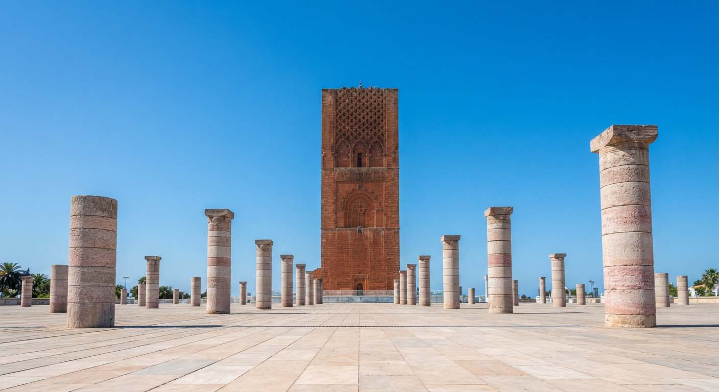 Mon itinéraire de 7 jours entre Rabat, Fès et Chefchaouen 2 La Tour Hassan historique et ses colonnes de marbre sur l'esplanade monumentale à Rabat.