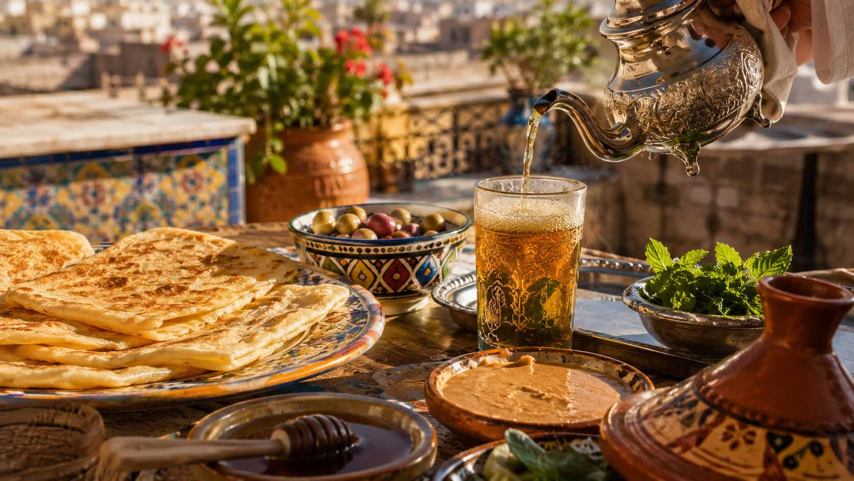 Tanger ou Agadir : laquelle choisir pour un premier voyage au Maroc ? 7 Petit-déjeuner marocain traditionnel avec des crêpes msemen, un bol d'Amlou, de l'huile d'argan et un verre de thé à la menthe.