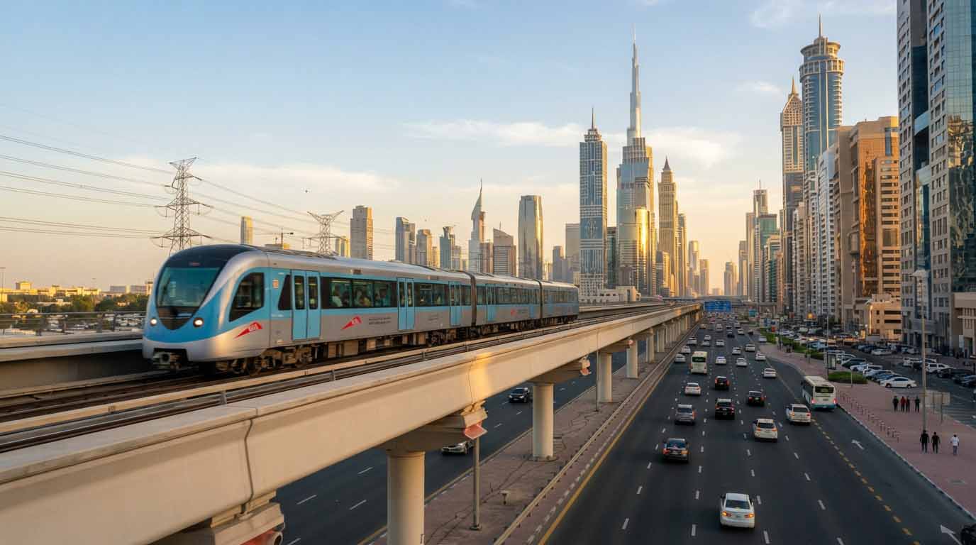 Dubaï avec 50 € par jour : mon défi et mes résultats 4 Le métro de la RTA circulant le long des gratte-ciels sur la Sheikh Zayed Road à Dubaï.