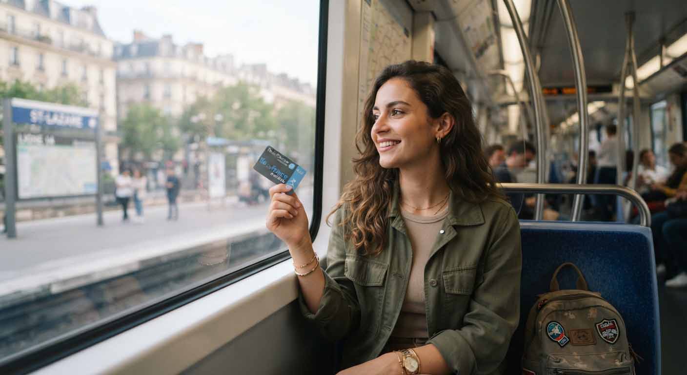 Voyageur empruntant le métro urbain avec son pass transport pour économiser argent voyage dès la sortie de l'aéroport.