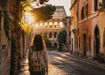 Vue du Colisée de Rome à pied au lever du soleil sans touristes.