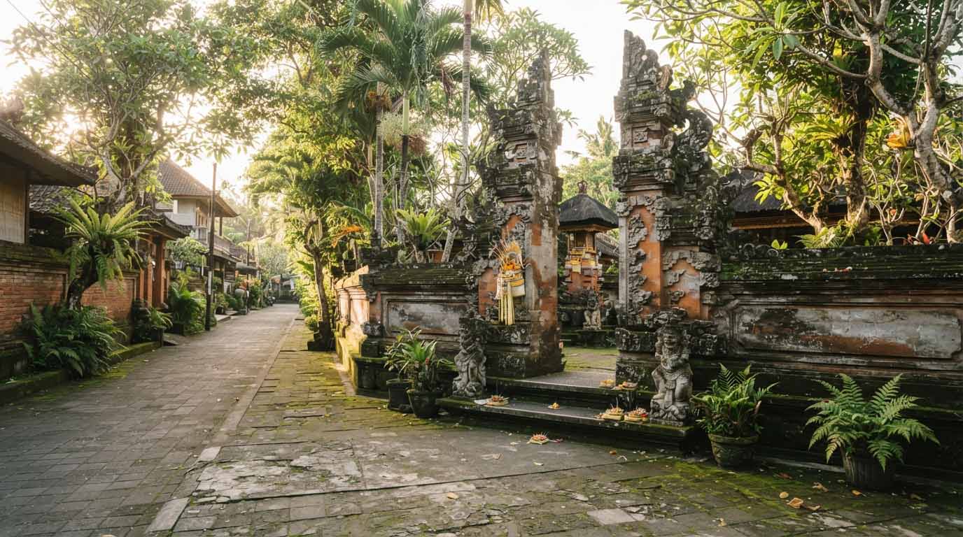Bali sans scooter : est-ce vraiment possible ? 3 Une rue piétonne calme devant un temple traditionnel dans le centre-ville d'Ubud à Bali.