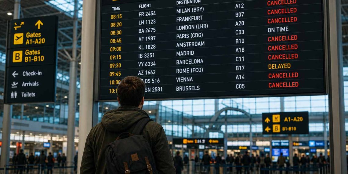 Mon vol a été annulé : comment j'ai obtenu un remboursement (Guide 2026) 1 Un voyageur inquiet devant un panneau d'affichage des vols d'un aéroport indiquant un vol annulé en rouge.