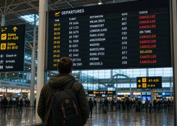 Un voyageur inquiet devant un panneau d'affichage des vols d'un aéroport indiquant un vol annulé en rouge.