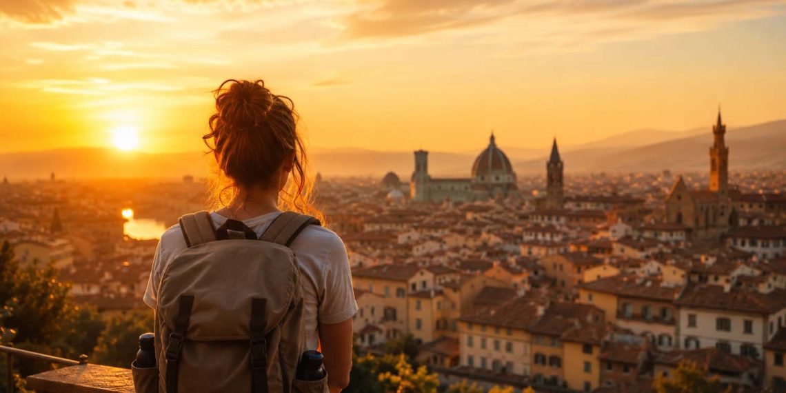 Mes 15 destinations préférées à moins de 500 € 1 Voyageur sac au dos contemplant une ville historique européenne au lever du soleil pour un voyage pas cher sous la barre des 500 euros.