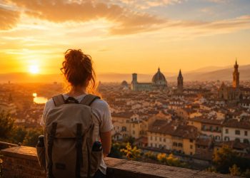 Voyageur sac au dos contemplant une ville historique européenne au lever du soleil pour un voyage pas cher sous la barre des 500 euros.