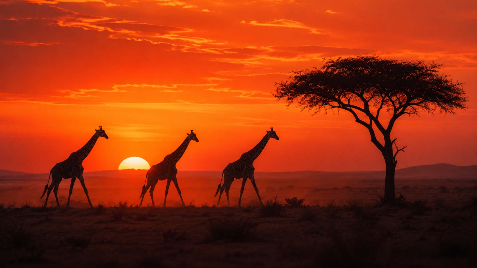 Ce que personne ne raconte sur un safari en Afrique 6 Silhouette de girafes et d'acacias se découpant sur un ciel de coucher du soleil orange en Afrique
