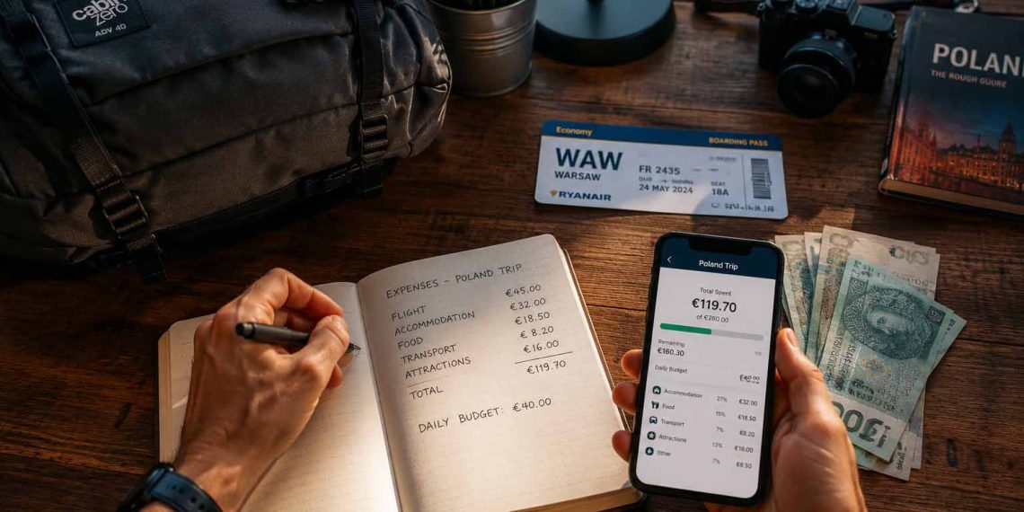 Mon défi : voyager 7 jours avec moins de 300 € (Budget réel, itinéraire et astuces 2026) 1 Défi voyage de 7 jours avec un budget de moins de 300 euros : sac à dos et carnet de dépenses.