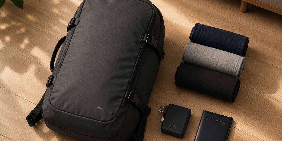 J'ai voyagé uniquement avec un sac à dos pendant 30 jours : ce que j'ai appris 1 Sac à dos de voyage de 40 litres posé à plat sur un parquet avec des vêtements minimalistes roulés en laine mérinos.