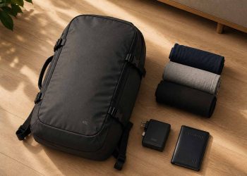 Sac à dos de voyage de 40 litres posé à plat sur un parquet avec des vêtements minimalistes roulés en laine mérinos.