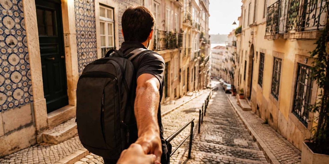 J'ai voyagé en Europe avec seulement un sac à dos : mon retour d'expérience, budget et conseils (Guide 2026) 1 Voyageur portant un unique sac à dos technique de voyage dans une rue pavée historique d'une ville européenne.