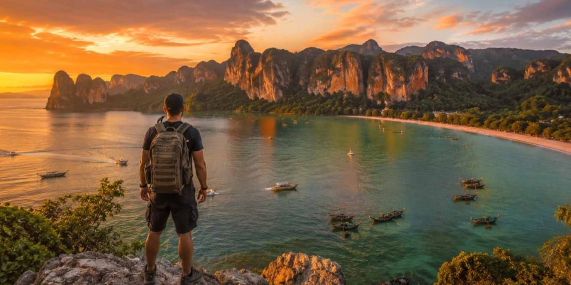 J'ai voyagé seul en Thaïlande : récit, budget et tous mes conseils (Guide 2026) 1 Voyageur solo contemplant le coucher de soleil sur les falaises de Railay Beach en Thaïlande.