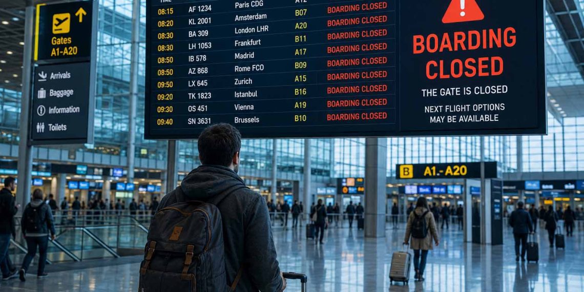 J'ai raté mon avion : voici exactement ce qui s'est passé 1 Un voyageur dépité de dos regardant un panneau d'affichage des vols indiquant l'embarquement clos dans un grand aéroport moderne en 2026.