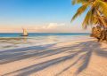 Plage déserte de Zanzibar à marée basse avec un dhow traditionnel au lever du soleil, illustration du voyage hors des sentiers battus.